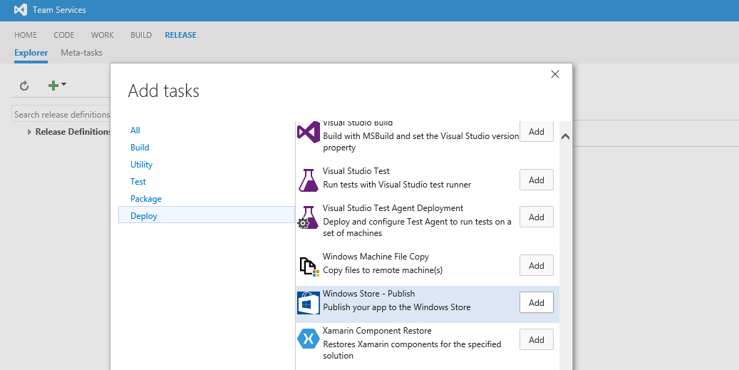 Screenshot of the "Add tasks" dialog, with the "Windows Store - Publish" task highlighted