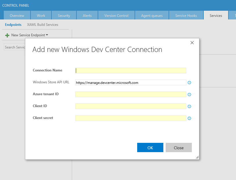 Screenshot of the "Add new Windows Dev Center Connection" dialog